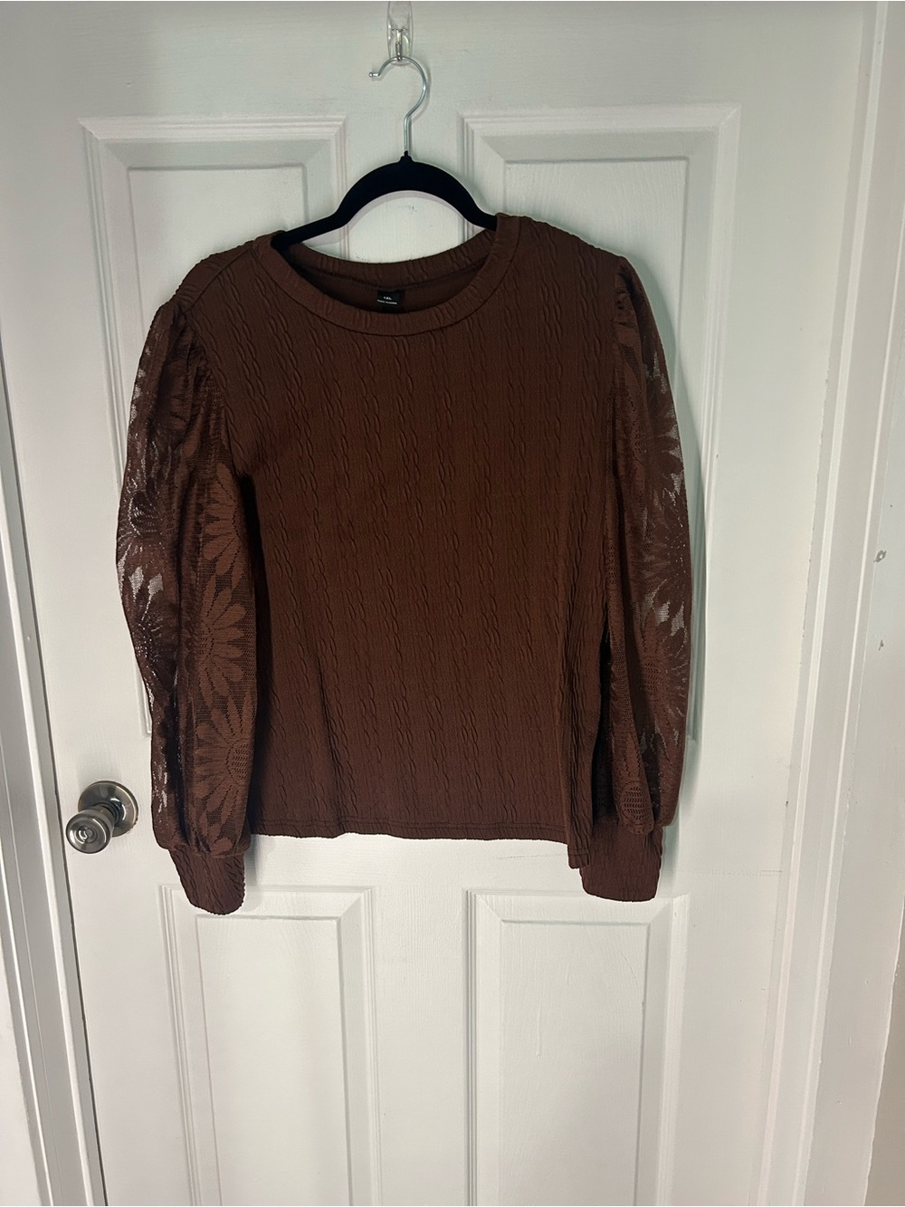 SHEIN Brown Floral Lace Puff Sleeve Sweater Top